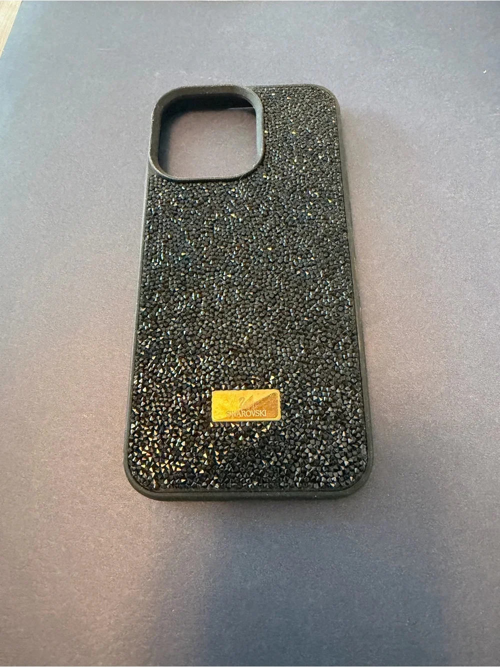 Swarovski Black Crystal Phone Case with Gold Logo Plaque 15 pro max